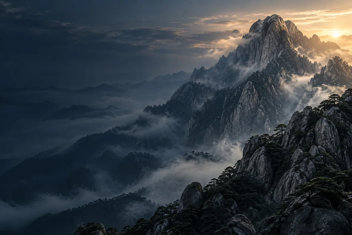 层叠山峰与云雾，远景与近处的岩石纹理相互映衬